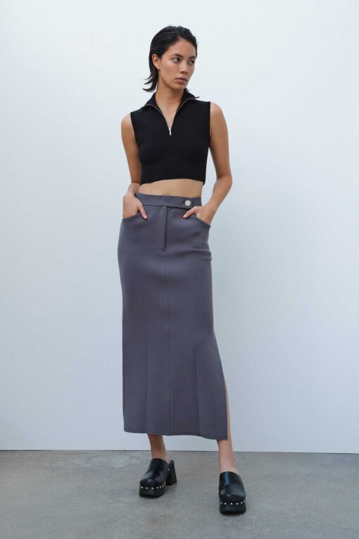 Anthracite Slit Detail Long Knit Skirt 