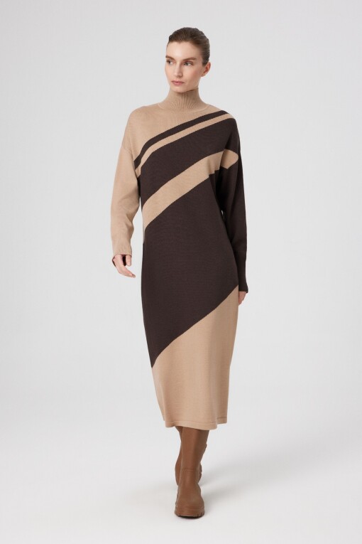 Beige and Brown Turtleneck Midi Dress 