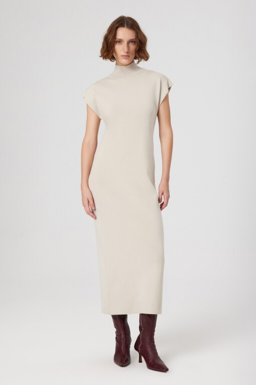 Beige Shoulder-Padded Turtleneck Long Dress 