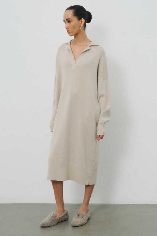 Beige Polo Neck Oversize Midi Dress 