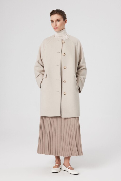 Beige Round Neck Buttoned Midi Women's Coat 