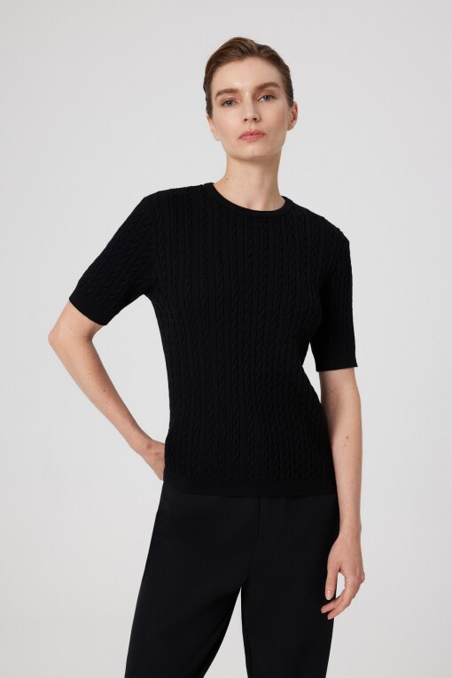 Black Cable Knit Short Sleeve Women's Sweater 