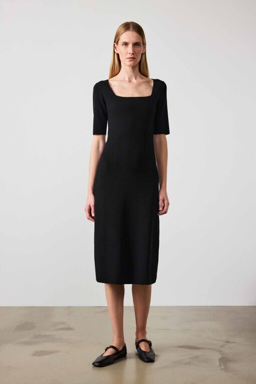 Black Half-Sleeve Square Neck Midi Dress 