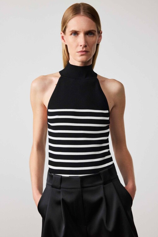 Black Halter Neck Striped Blouse 