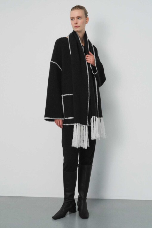 Black Knitwear Coat with Scarf 