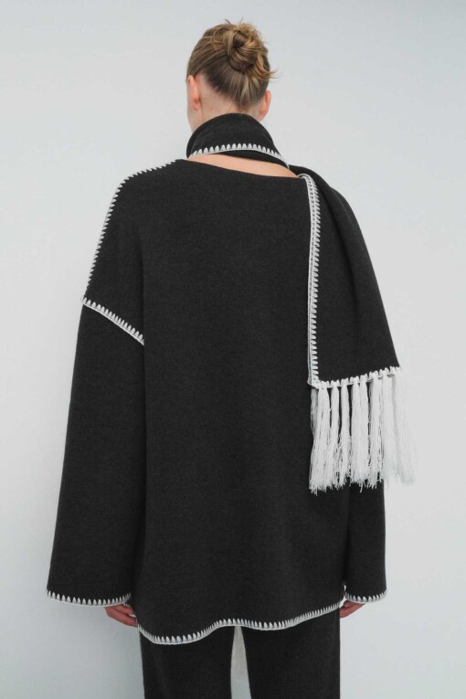 Black Knitwear Coat with Scarf - 2