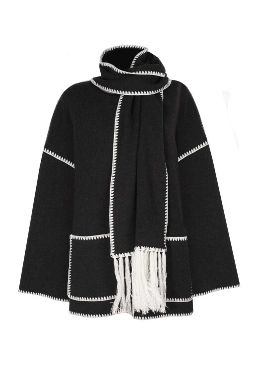 Black Knitwear Coat with Scarf - 3