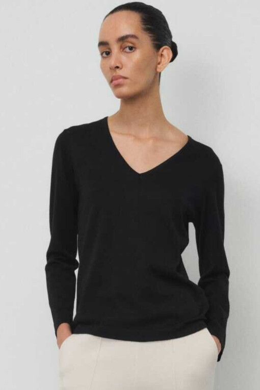 Black Long Sleeve V-Neck Sweater - 1