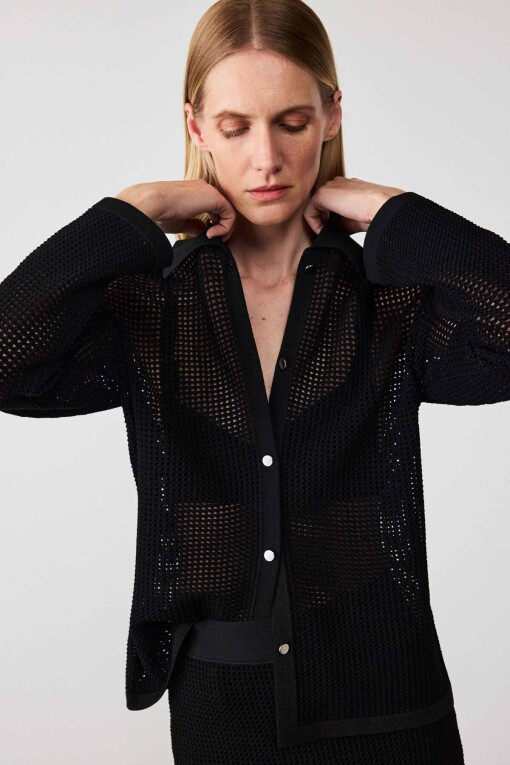 Black Mesh Button-Detail Women's Cardigan 