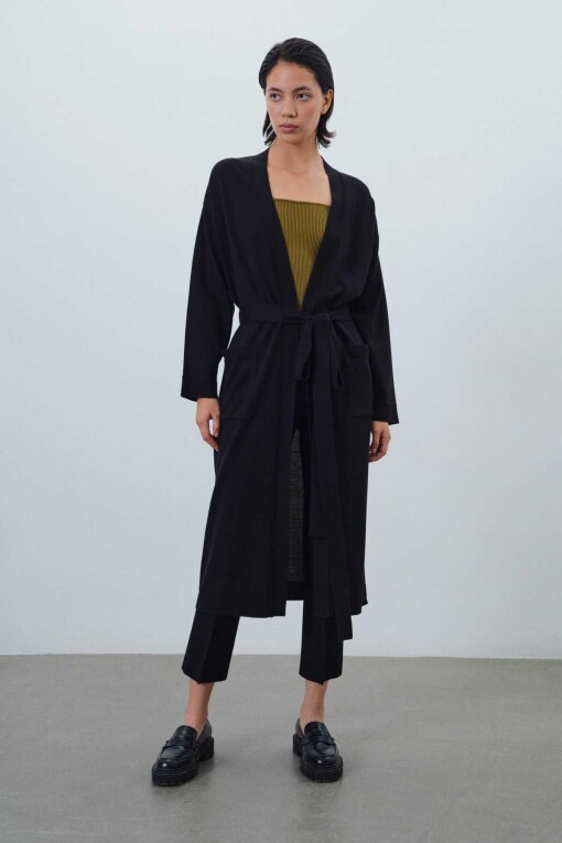 Black Open Front Long Cardigan with Tie Waist - 1
