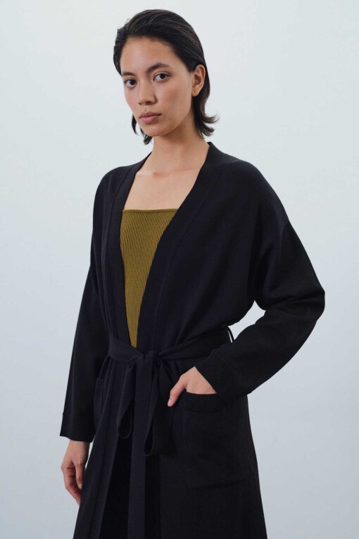 Black Open Front Long Cardigan with Tie Waist - 2
