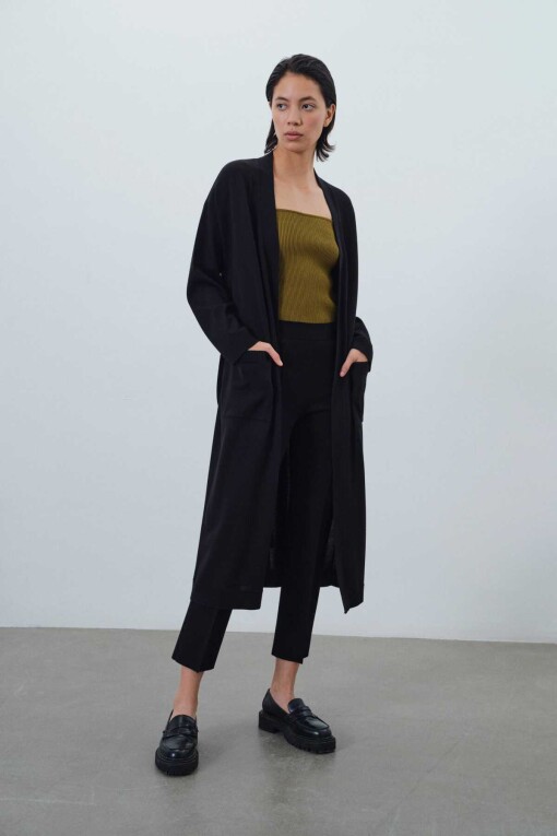 Black Open Front Long Cardigan with Tie Waist - 3