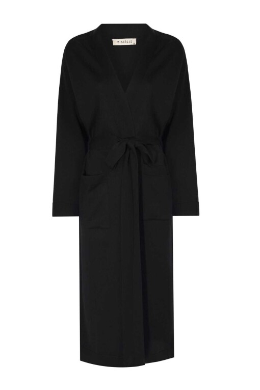 Black Open Front Long Cardigan with Tie Waist - 5