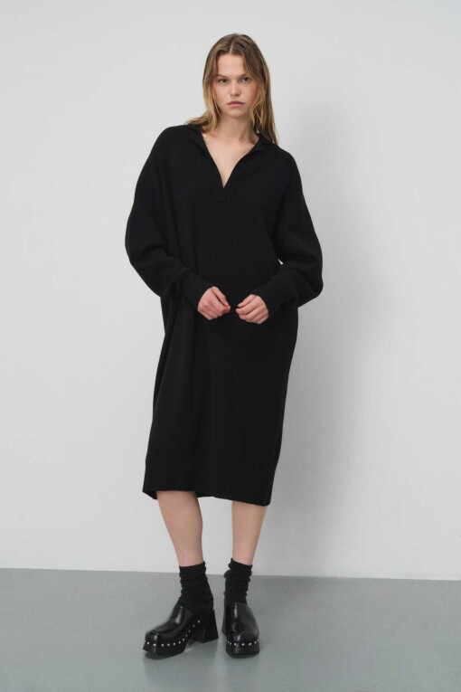 Black Polo Neck Oversize Midi Dress 