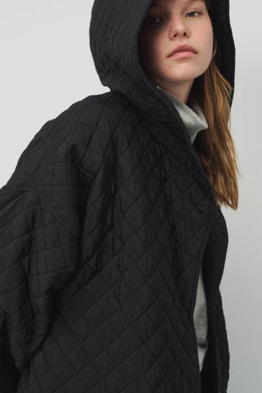 Black Quilted Coat with Hood - 3