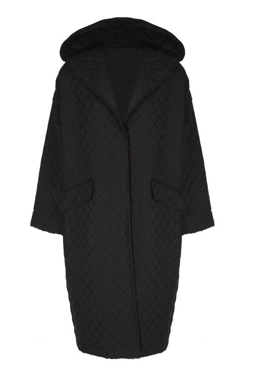 Black Quilted Coat with Hood - 4