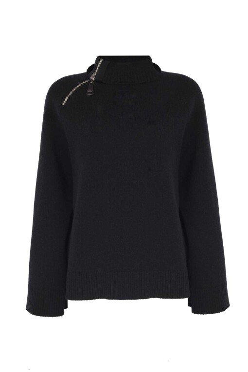 Black Shoulder Zippered Sweater - 5