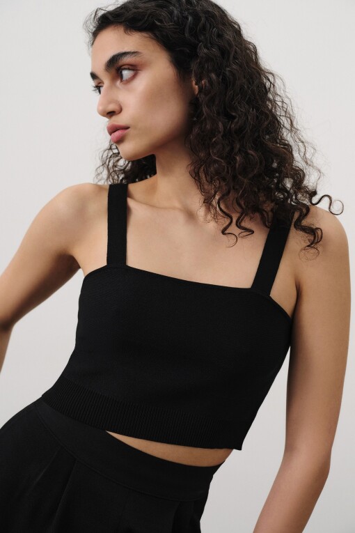 Black Square Neck Thick Strap Knit Crop Top 