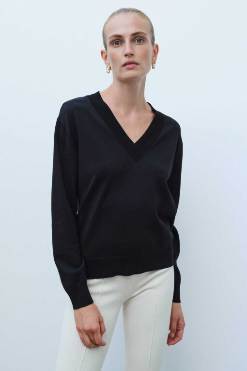 Black V Neck Basic Knit Women’s Sweater 