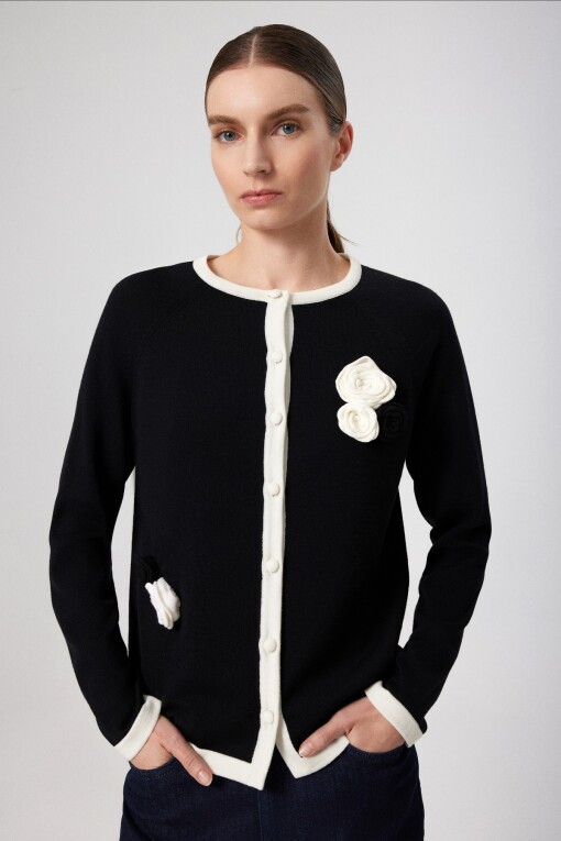 Black and White Rose Applique Women's Cardigan 