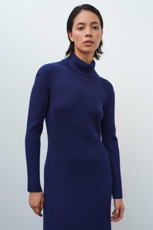 Blue Knitwear Dress with Turtleneck - 3