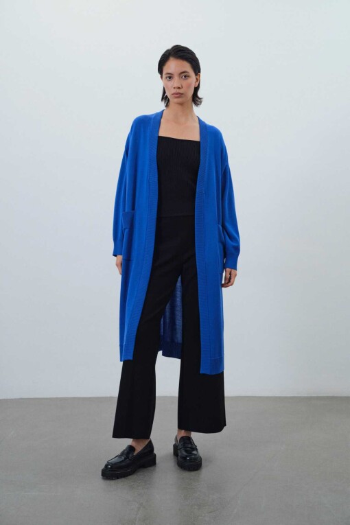 Blue Open Front Long Cardigan with Tie Waist - 1
