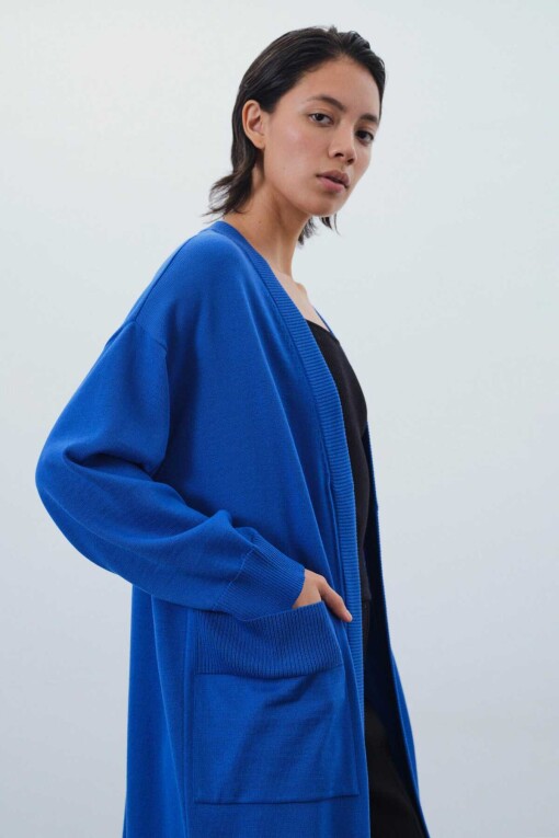 Blue Open Front Long Cardigan with Tie Waist - 2