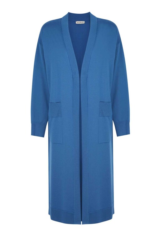 Blue Open Front Long Cardigan with Tie Waist - 4