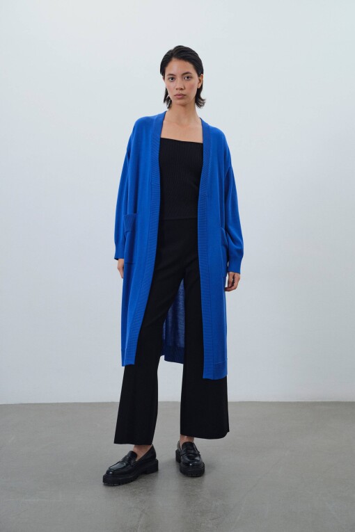 Blue Open Front Long Cardigan with Tie Waist 