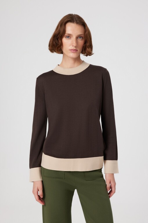 Brown and Beige Cuffed Long Sleeve Women's Sweater 