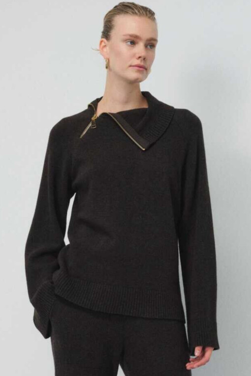 Brown Shoulder Zippered Sweater - 1