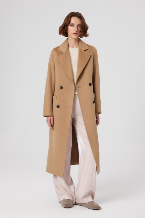 Camel Double-Breasted Pocket Detail Long Women's Woven Coat 