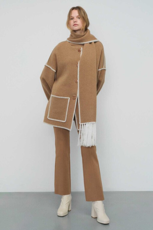 Camel Knitwear Coat with Scarf - 1