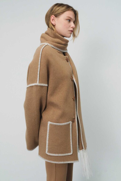 Camel Knitwear Coat with Scarf - 2