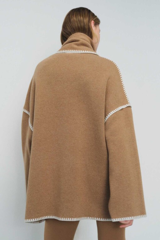 Camel Knitwear Coat with Scarf - 5