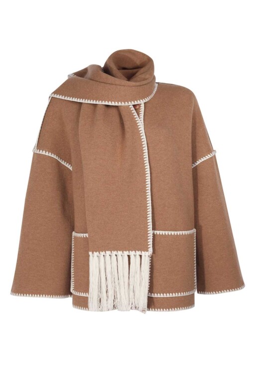 Camel Knitwear Coat with Scarf - 6