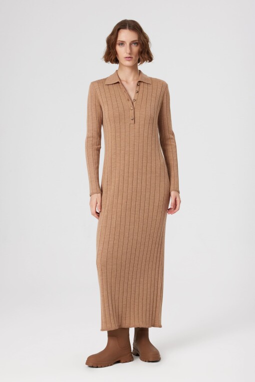 Camel Polo Collar Ribbed Long Dress 