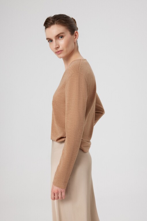 Camel V-Neck Long Sleeve Women's Sweater 