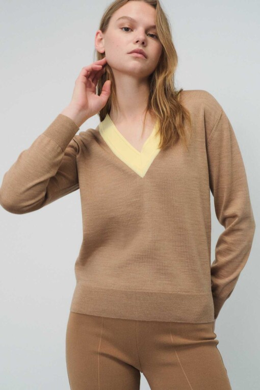 Camel V-Neck Women's Sweater 