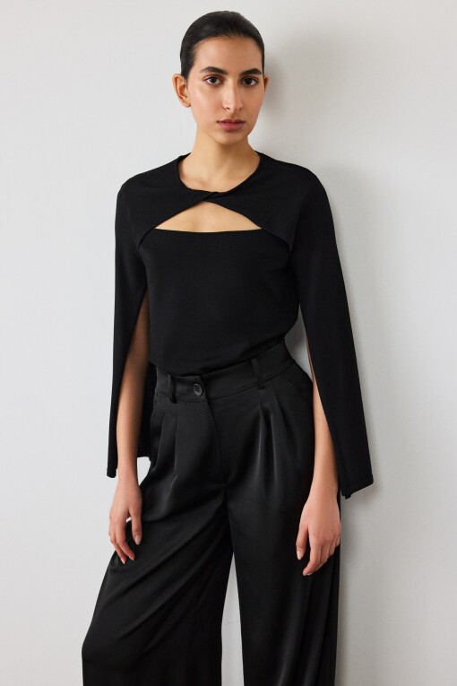 Cape Detail Black Knitted Blouse 