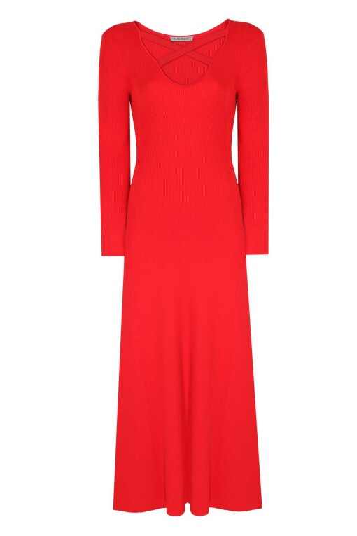 Çapraz Dekolte Detaylı Kırmızı Uzun Triko Elbise - 4