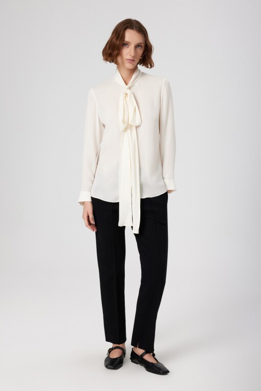 Cream Blouse with Scarf-Tie Neckline 