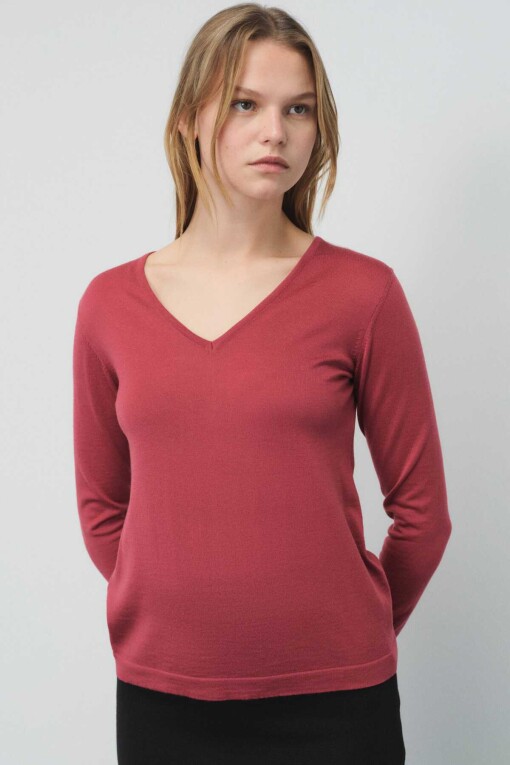 Dried Rose Color Long Sleeve V-Neck Sweater - 1