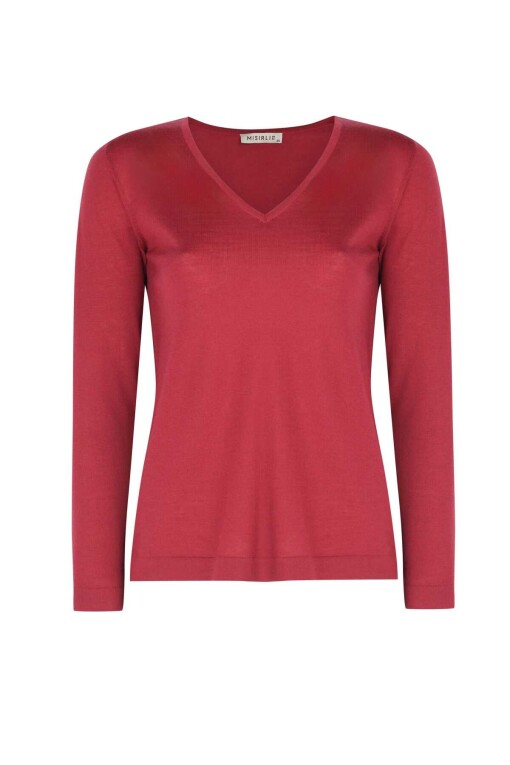 Dried Rose Color Long Sleeve V-Neck Sweater - 4