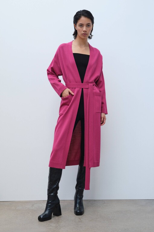 Dried Rose Color Open Front Long Cardigan with Tie Waist 