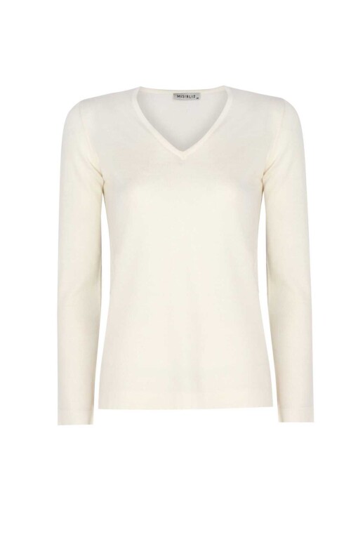 Ecru Long Sleeve V-Neck Sweater - 4