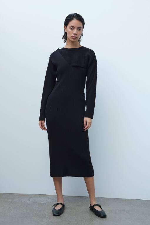 Siyah Ripli Uzun Triko Elbise - 1
