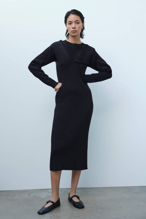 Siyah Ripli Uzun Triko Elbise - 2
