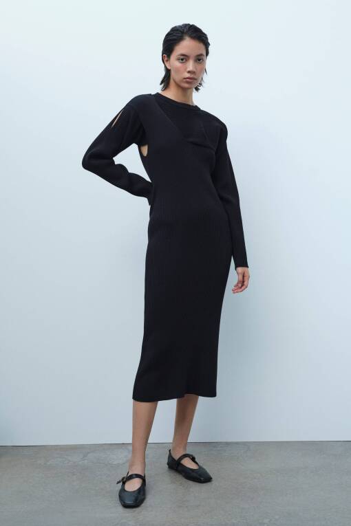 Siyah Ripli Uzun Triko Elbise - 3