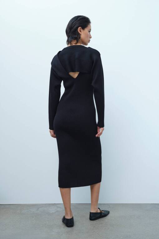 Siyah Ripli Uzun Triko Elbise - 5
